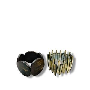 Lot of 2 Stretch Bracelets Boho Style Wooden Circle Spikey Shell